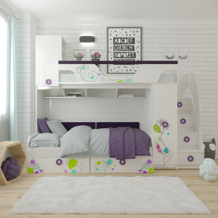 Кровать Цветы-4+кровать Цветы-6 New (правая/левая). Верх 190*80, низ 190*90 от Династия Kids