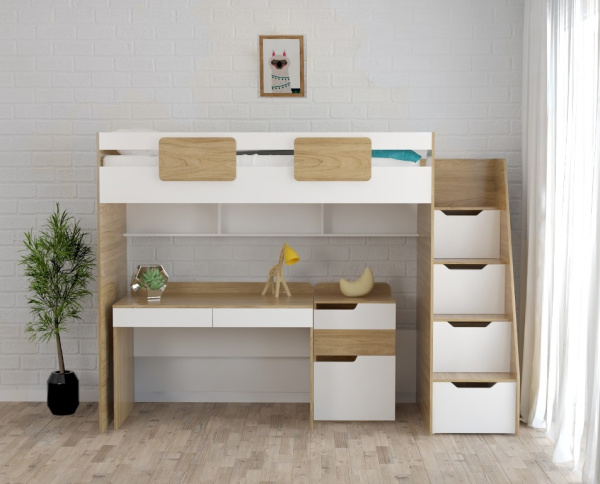 Комплект мебели: кровать-чердак Мозаика + стол + тумба 