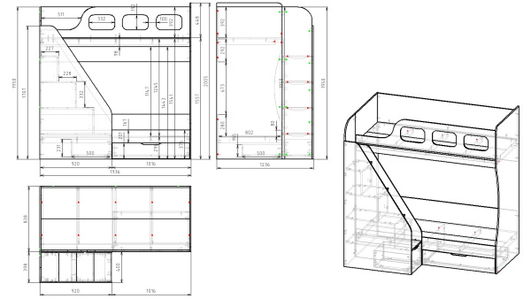 Кровать 2-х ярусная Умка-6 (корпус дуб золотистый + фасады белые) от Династия Kids