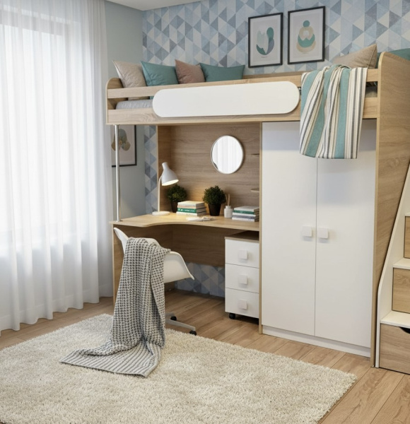 Кровать-чердак 90х200 Колледж-2 (дуб сонома + белый)